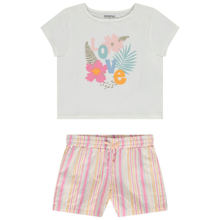Set 2 pièces t-shirt manches courtes print fantaisie + short pour fille - Ecru