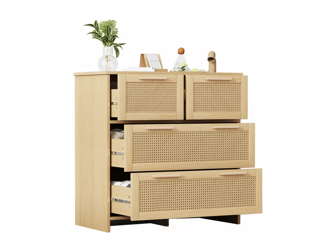 Armoire en rotin à 4 tiroirs avec poignées en bois massif,d80cm×h38cm