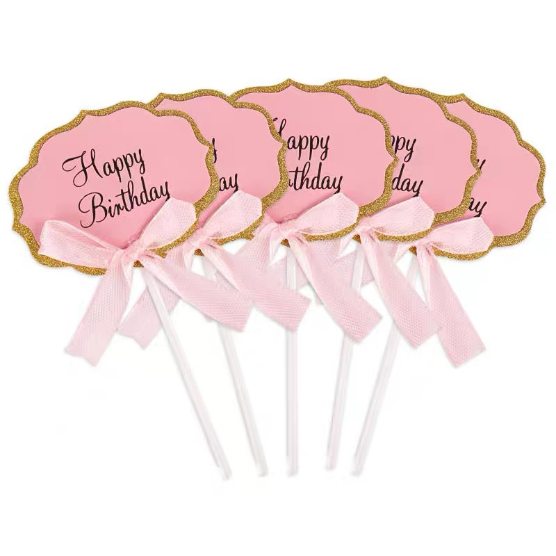 (5er Set) Kuchenstecker Happy Birthday Tortenstecker Party Deko Topper mit Schleife für Torten / Kuchen - Rosa / Gold