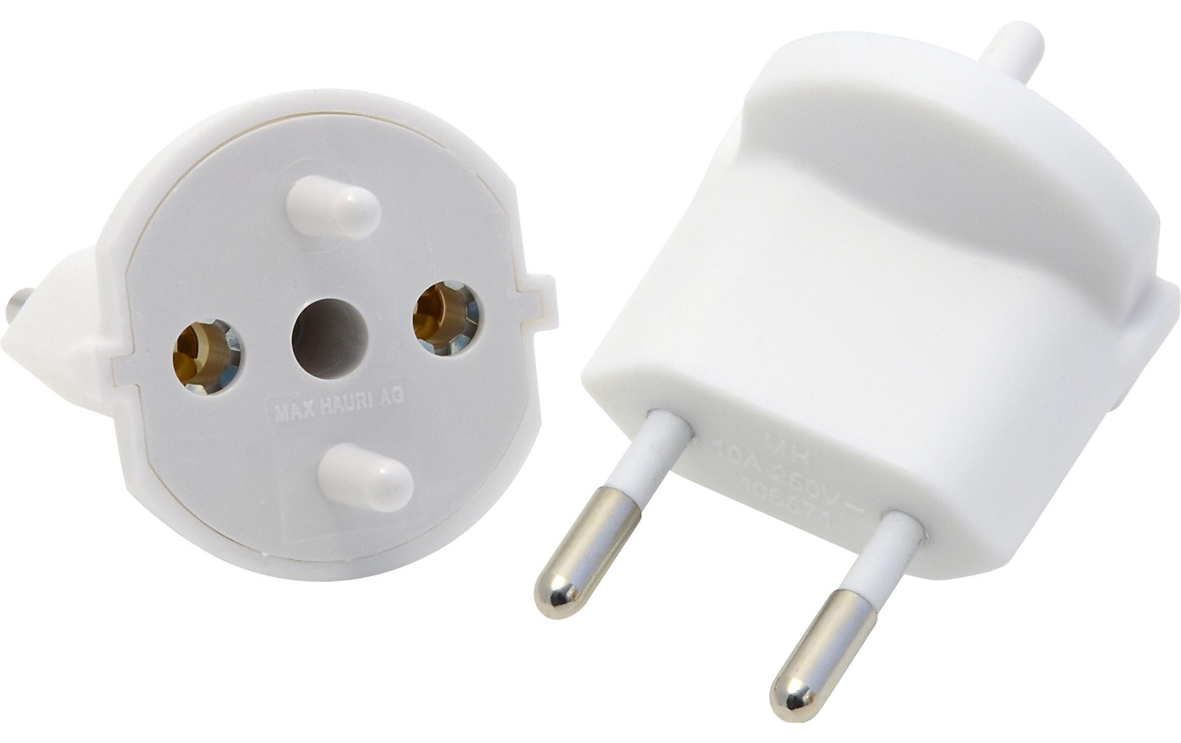 Fixadapter SchuKo Konturenstecker – T11 Weiss2-Pol Deutsch (CEE7) auf Schweiz T11, weiss