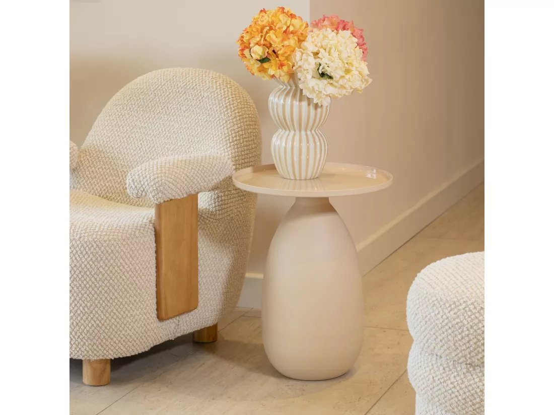 Now's Home - Table D'appoint Plateau En Metal Et Pied En Ceramique Ecru