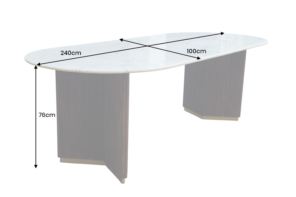 Ovaler Esstisch GATSBY 240cm braun gold Mangoholz weiße Marmorplatte V-Gestell