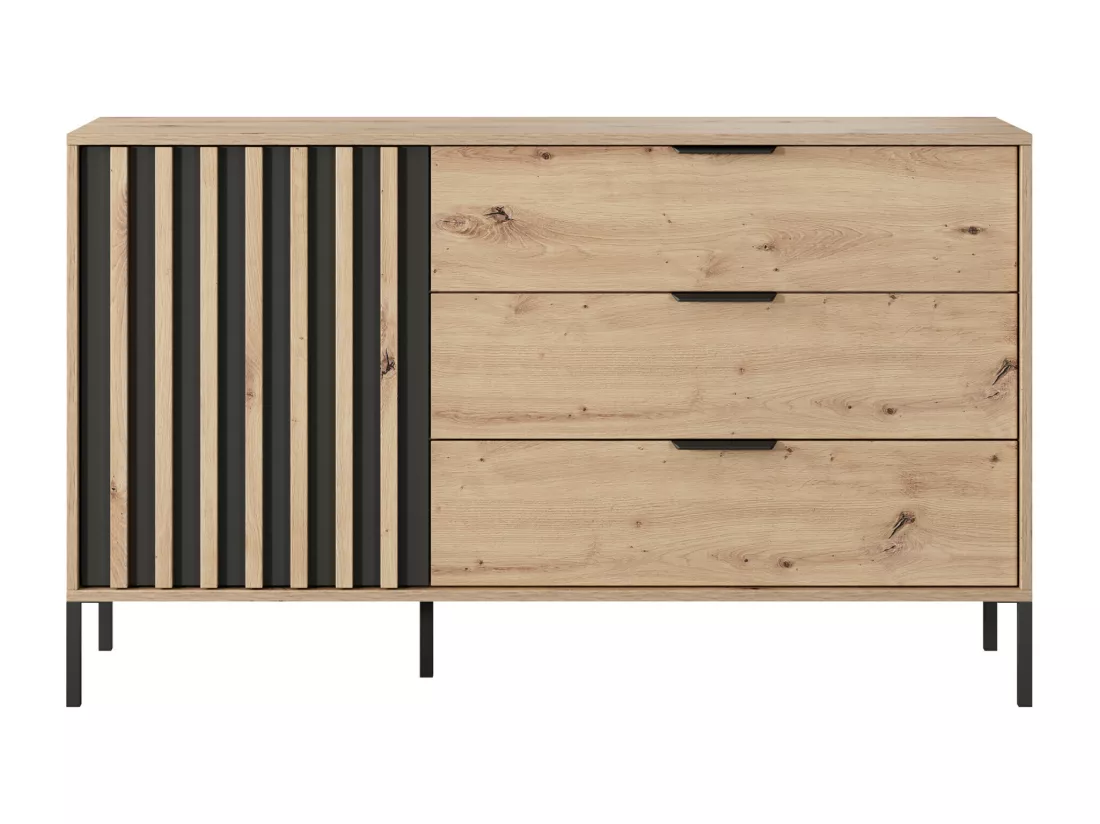 Ensemble lit avec chevets 160 x 200 cm + Sommier + Matelas + Commode + Armoire - Coloris : Naturel et noir - ARIADA