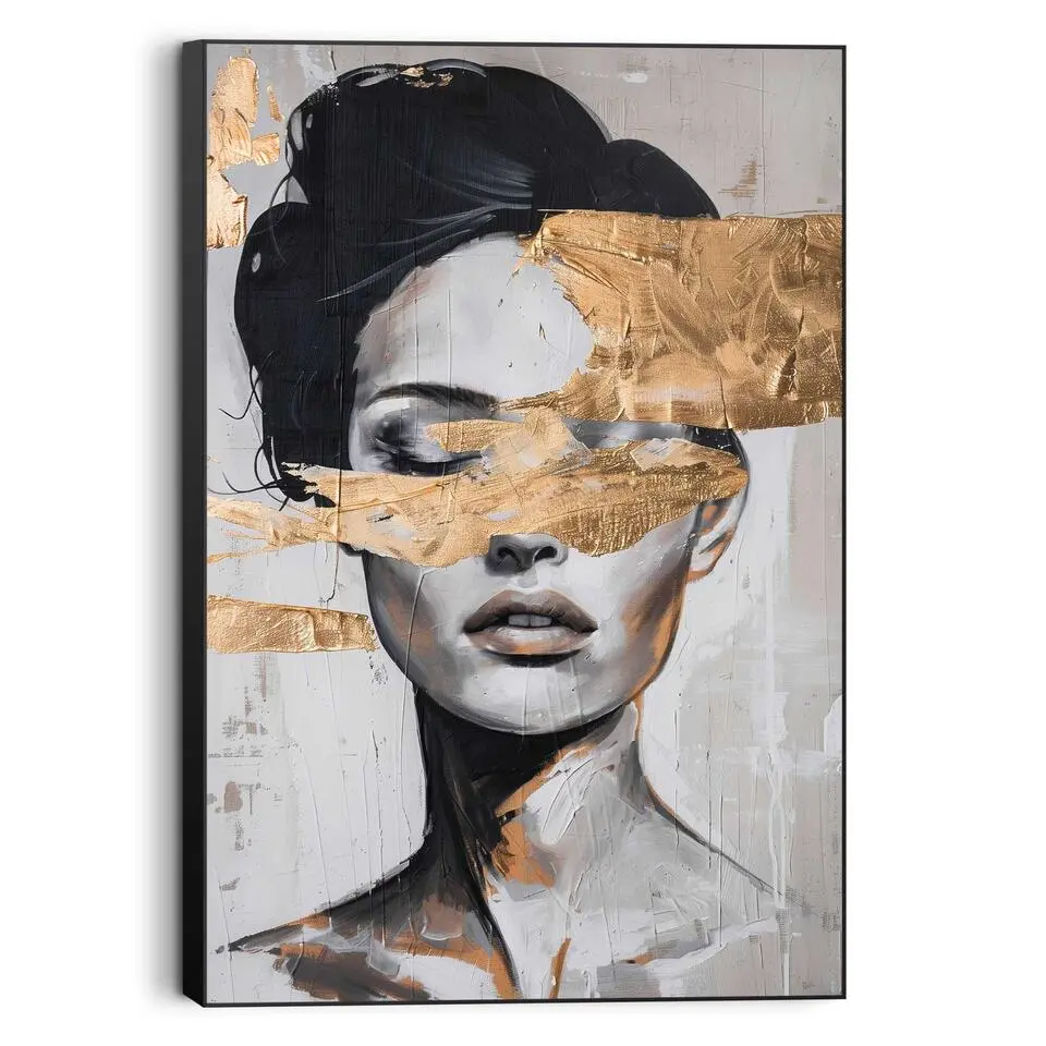 Schilderij Lady Gold - 90x60cm - Zwart