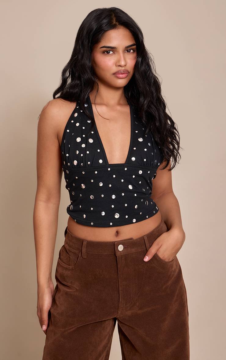 Noir Top Court Petite Col Licou Avec Détails Cloutés