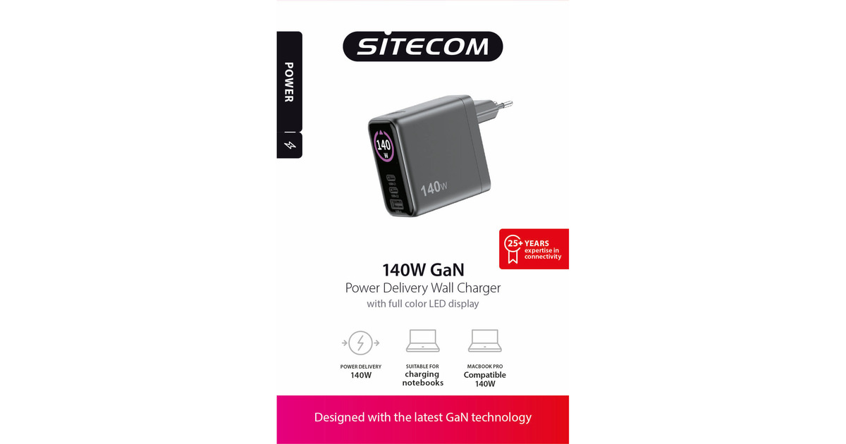 Sitecom140W GaN Power Delivery Wall Charger with full color LED display oplader  (Zwart)