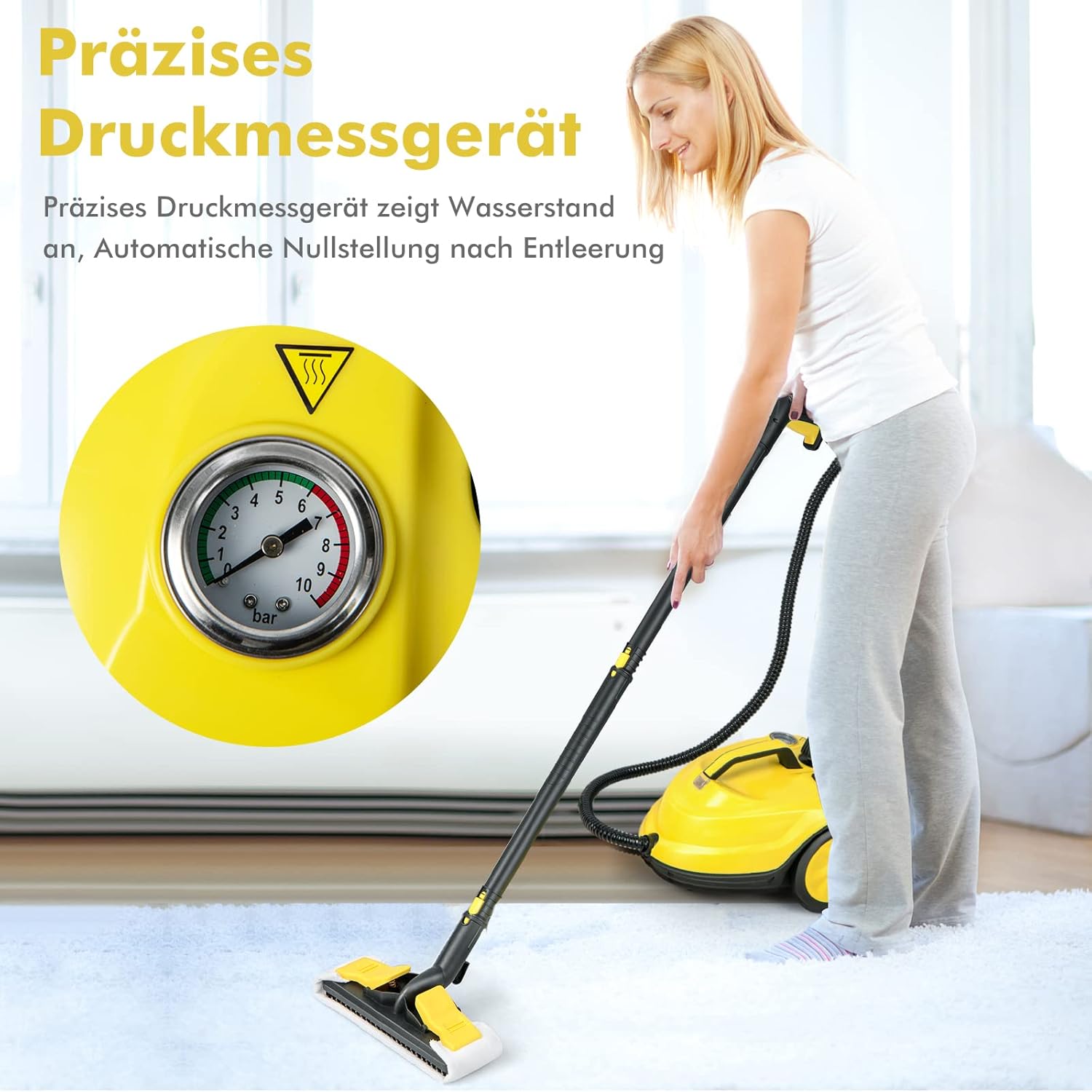 COSTWAY Dampfreiniger 2000W, Dampfdruck: max. 5 bar, Temperatur bis zu 160℃, Flächenleistung: 108 m², 1,8L Tank, Aufheizzeit: 8 Min., Dampfgeräte inkl. 13 Zubehör & 5m lange Netzkabel (Gelb)