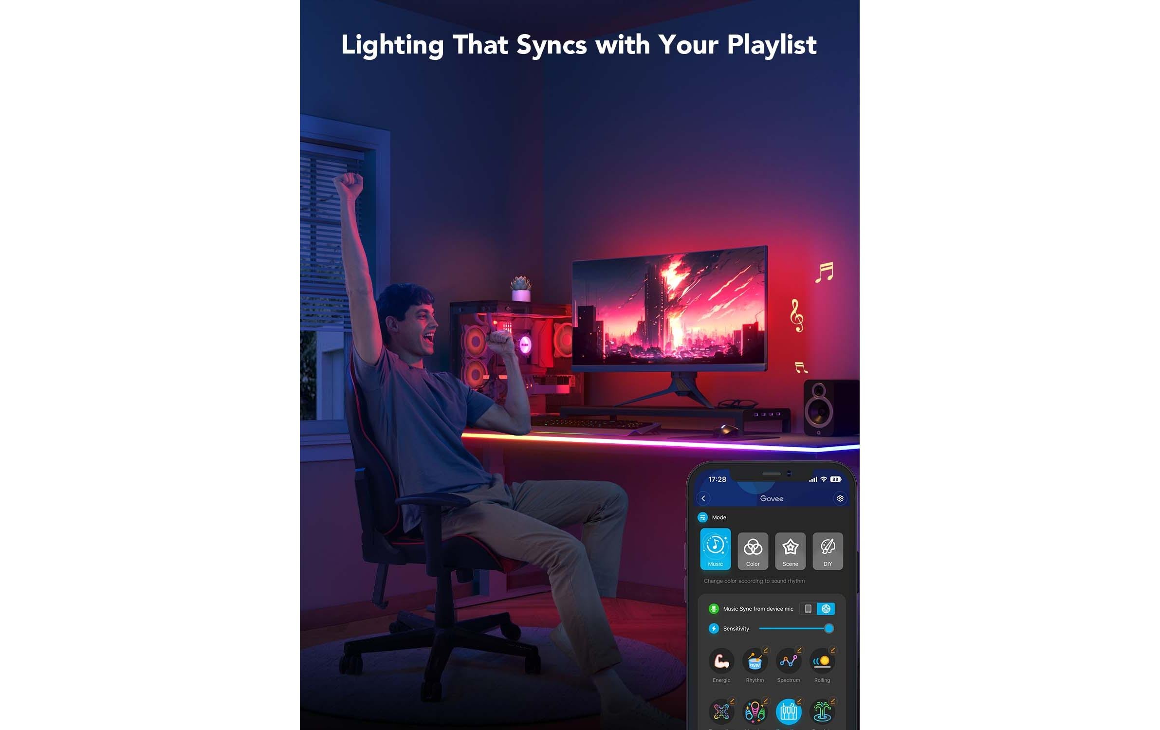 LED Stripe Neon Gaming Table Light, 3 m, RGBIC, Wi-Fi + BTLED Neon Rope Lights for Desks