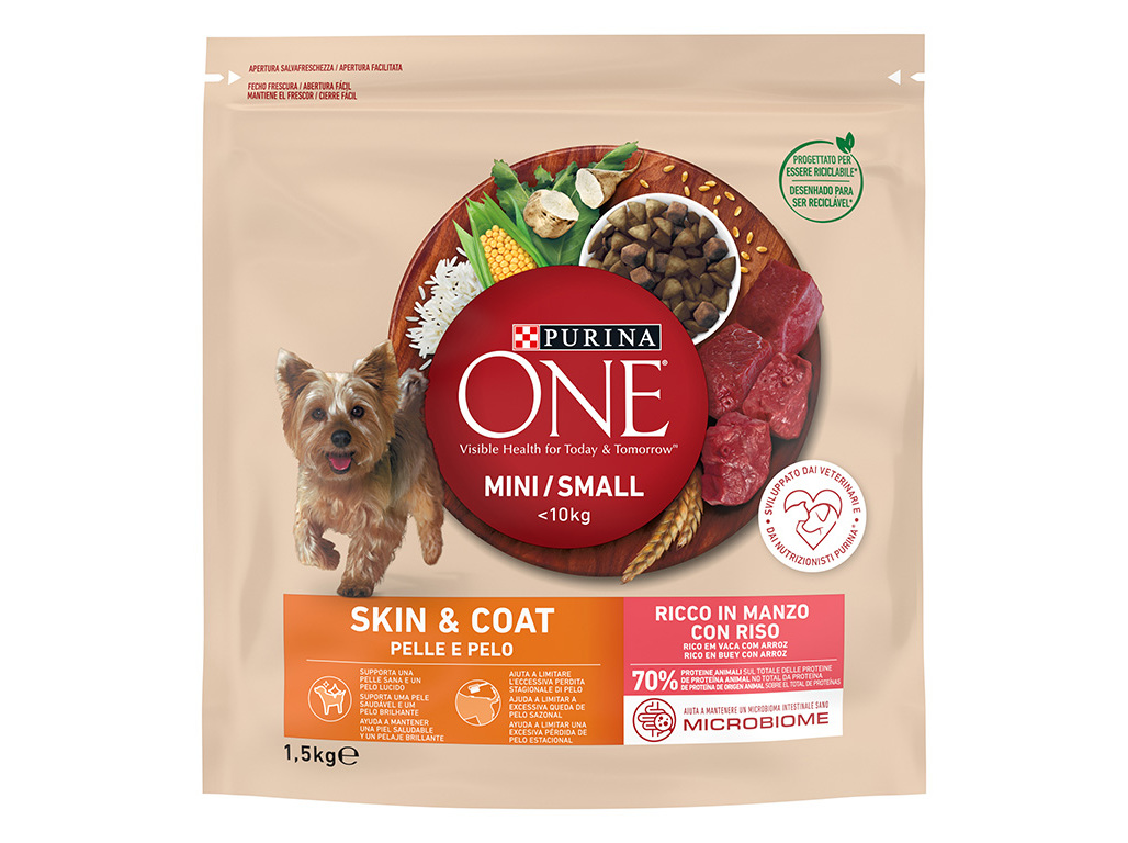 RAÇÃO PARA CÃO PURINA ONE MINI PARA PELE E PÊLO COM VACA 1.5KG