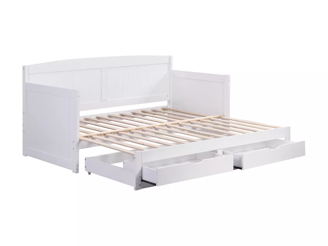 Lit gigogne banquette 90 x 190 ou 180 x 190 cm - Avec sommier peigne et tiroirs - Pin et MDF - Blanc + Matelas - DINIVA