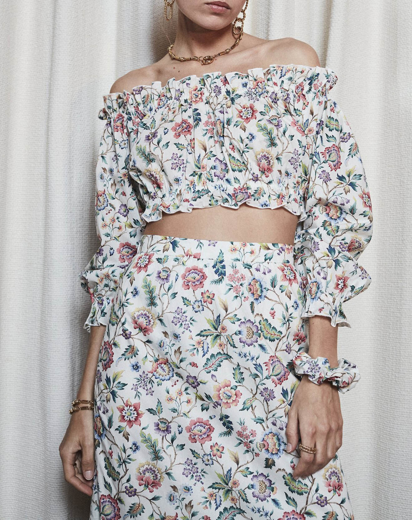 Maison Père Blouse épaules dénudées liberty imprimée multicolore