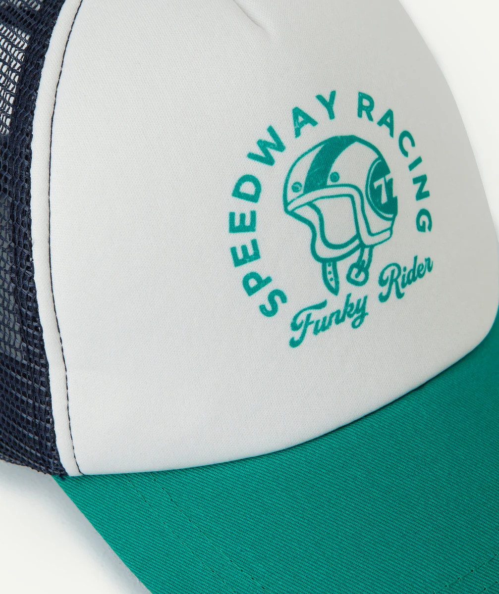 CASQUETTE GARÇON AVEC FILET BLEU MARINE ET MESSAGE CASQUE VERT