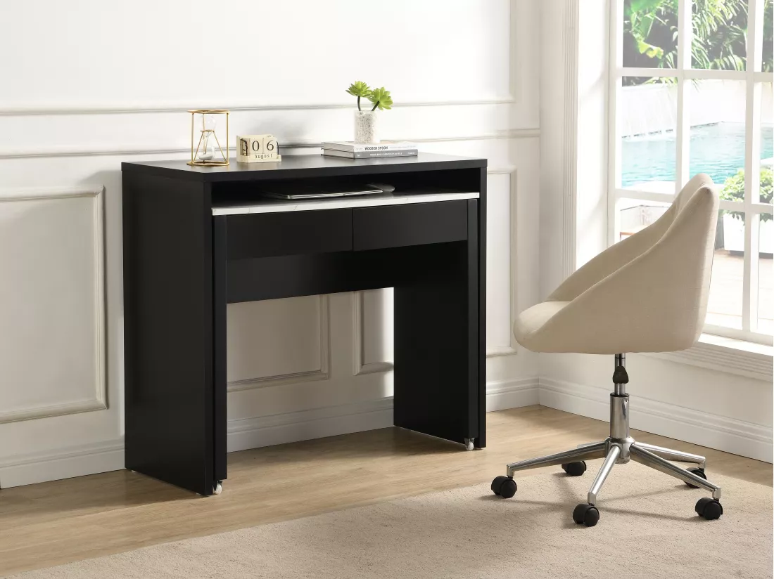Bureau console extensible avec 2 tiroirs - Noir et effet marbre blanc - LOAVIA