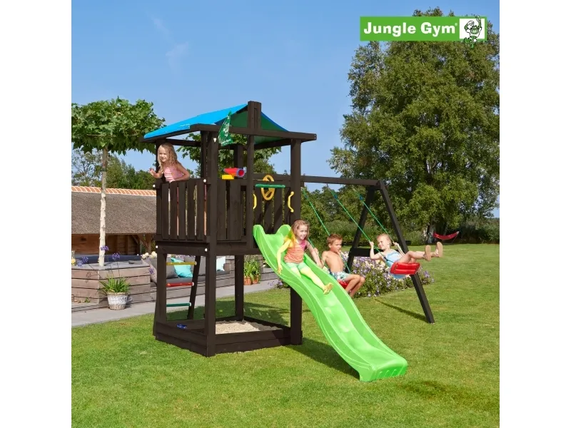 Jungle Gym Hut legetårn komplet inkl. swing module xtra og rutschebane, grundmalet sort (806-282SX)