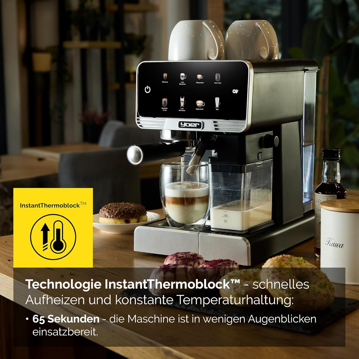 YOER Kaffeevollautomat mit automatischer Milchaufschäumer, 6 Kaffeespezialitäten, Touchscreen, 20 bar, 1350W, Kaffeemaschine für Espresso, Cappuccino & Latte Macchiato, Creamo EMF03BK, schwarz