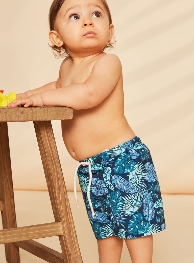 Short de bain bleu marine et vert à imprimé feuillage