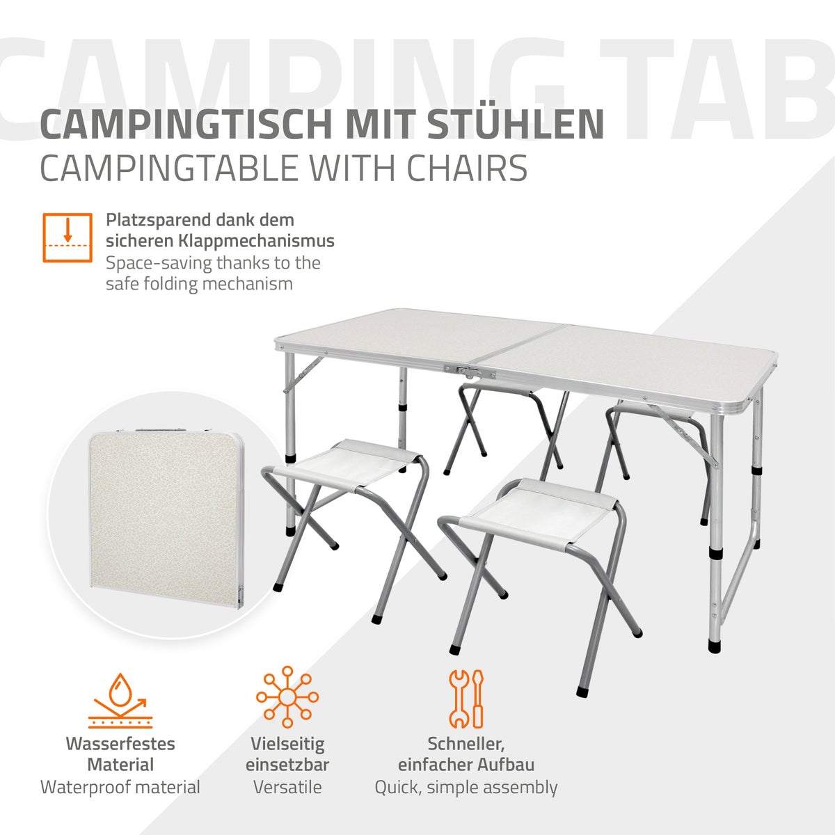 ECD Germany Campingtafelset met 4 krukken, 120x60x55/63/70 cm, in hoogte verstelbaar, opvouwbaar, wit/crème, gemaakt van aluminium en MDF, kampeermeubelset, opvouwbaar meubilair, opvouwbare tafel, tuintafel met 4 stoelen