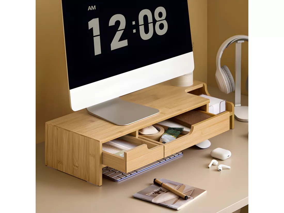 SoBuy Réhausseur d'écran Support de moniteur écran ergonomique Support pour écran d'ordinateur universal, ordinateur portable ou écran TV, 2 tiroirs, 60x22x12cm, BBF12-N