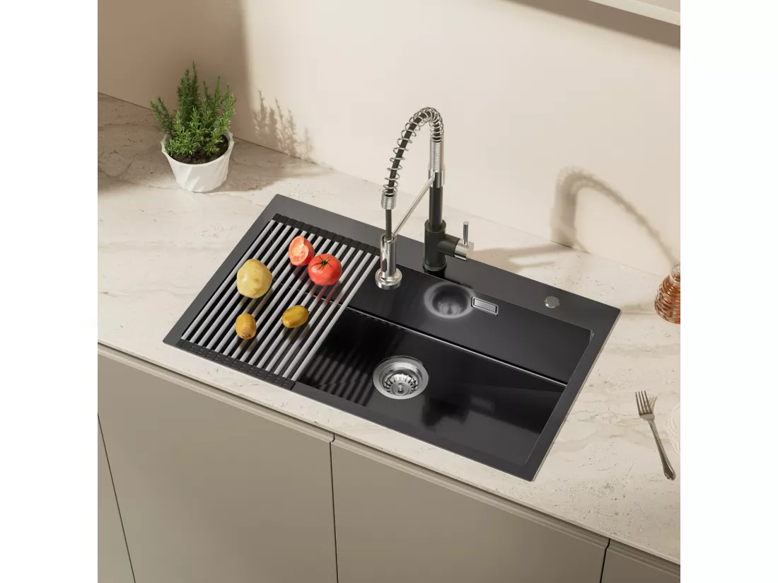 Auralum MAX Évier de Cuisine 1 Bac,Evier Cuisine 75 x 45 cm,Évier Inox Noir avec Égouttoir Pliable,Lavabo Cuisine Montage Encastré ou Supérieur
