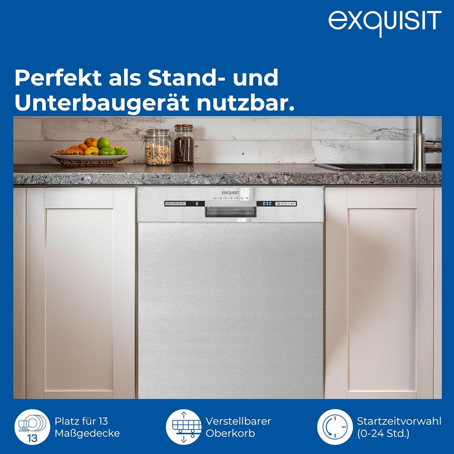 Exquisit START Geschirrspüler 60 cm, 13 Maßgedecke, Unterbaufähig, 11 Liter, Startzeitvorwahl, Restlaufanzeige, 7 Spülprogramme, GSP9313-030E inox