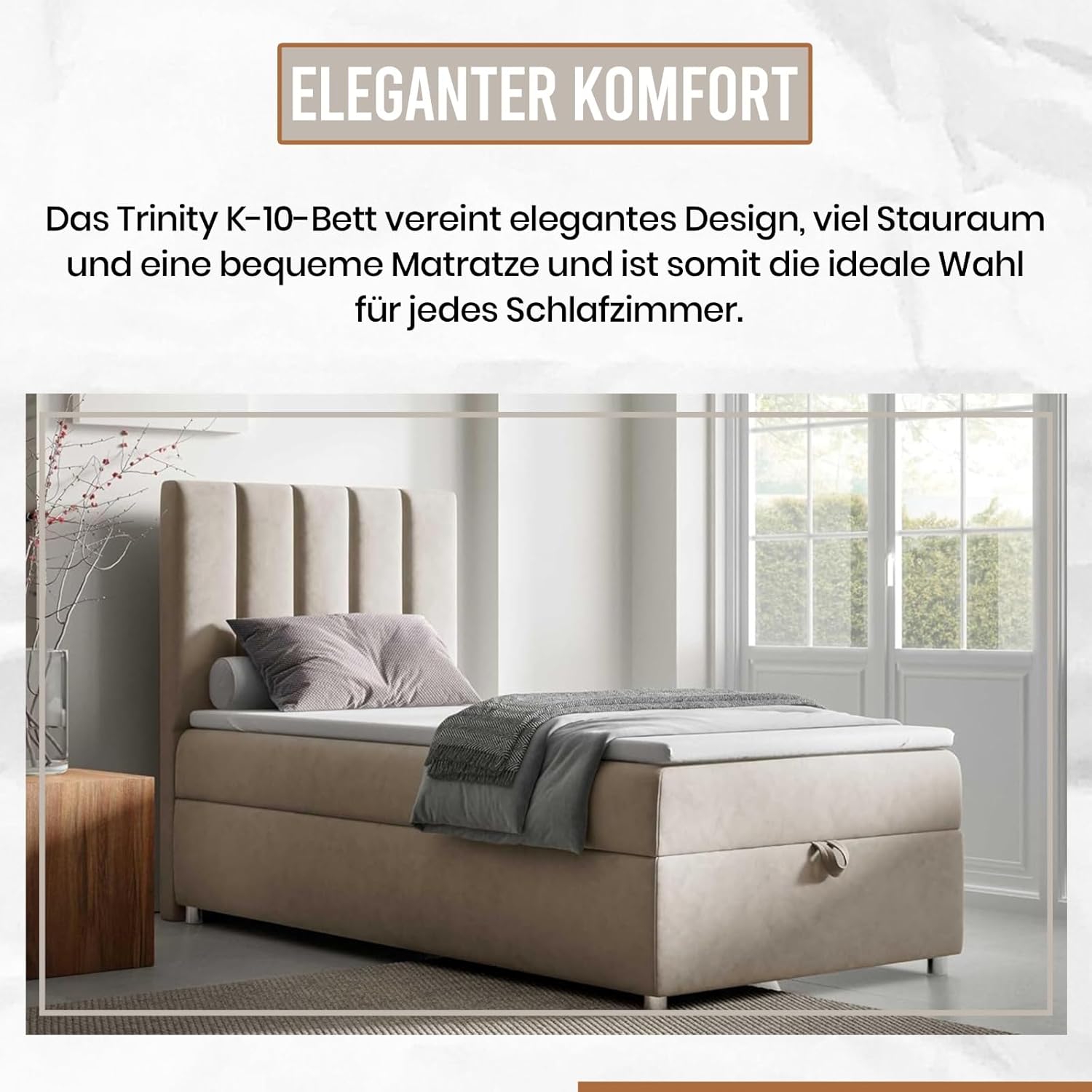 Trinity K10 EinzelBett | Boxspringbett mit Bonell Federkernmatratze 90x200 | MatratzenTopper 90x200 | Bett mit Matratze | Bett mit Stauraum