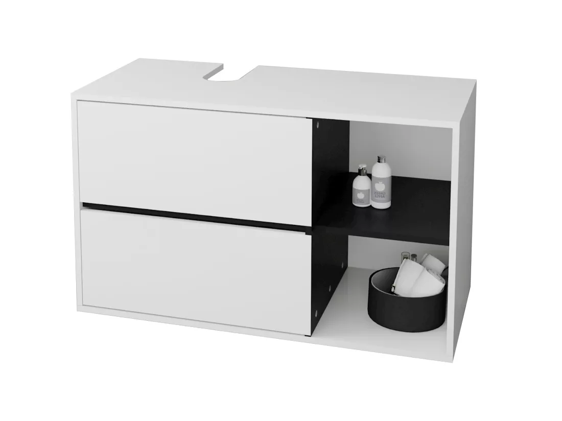 Meuble sous vasque lavabo salle de bain 2 tiroirs blanc/noir MDF ML-DESIGN
