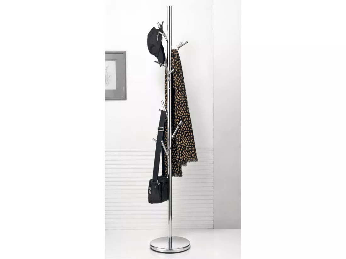 Porte-manteaux ZENO portant à vêtements sur pied en forme d'arbre avec 6 crochets sur différentes hauteurs, en métal chromé