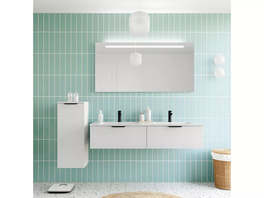 Meuble de salle de bain suspendu double vasque intégrée 140cm 2 tiroirs Blanc - Soho