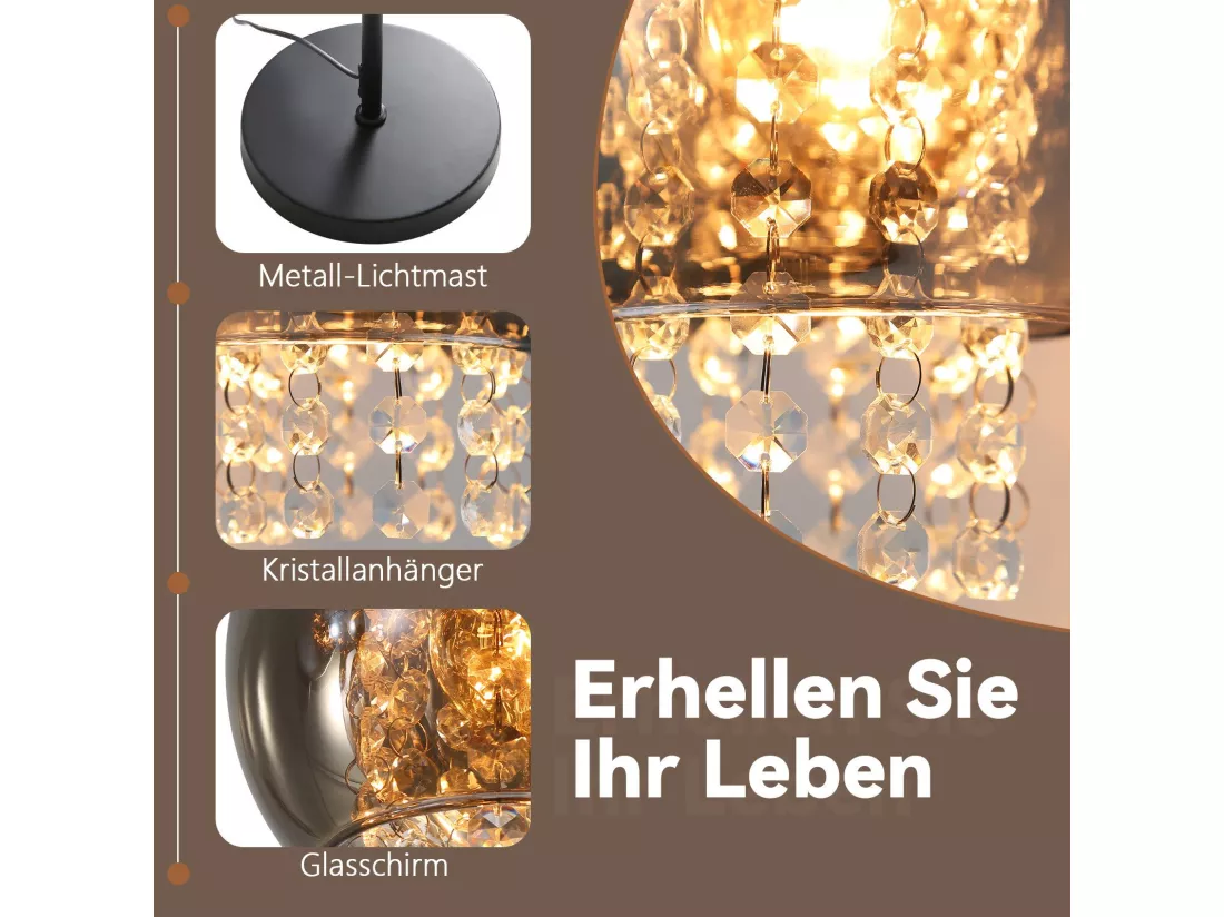 Lampadaire Intérieur 1 Flamme E27 Gris Fumé Lampadaire Grand Cristal Pour Bureau Canapé