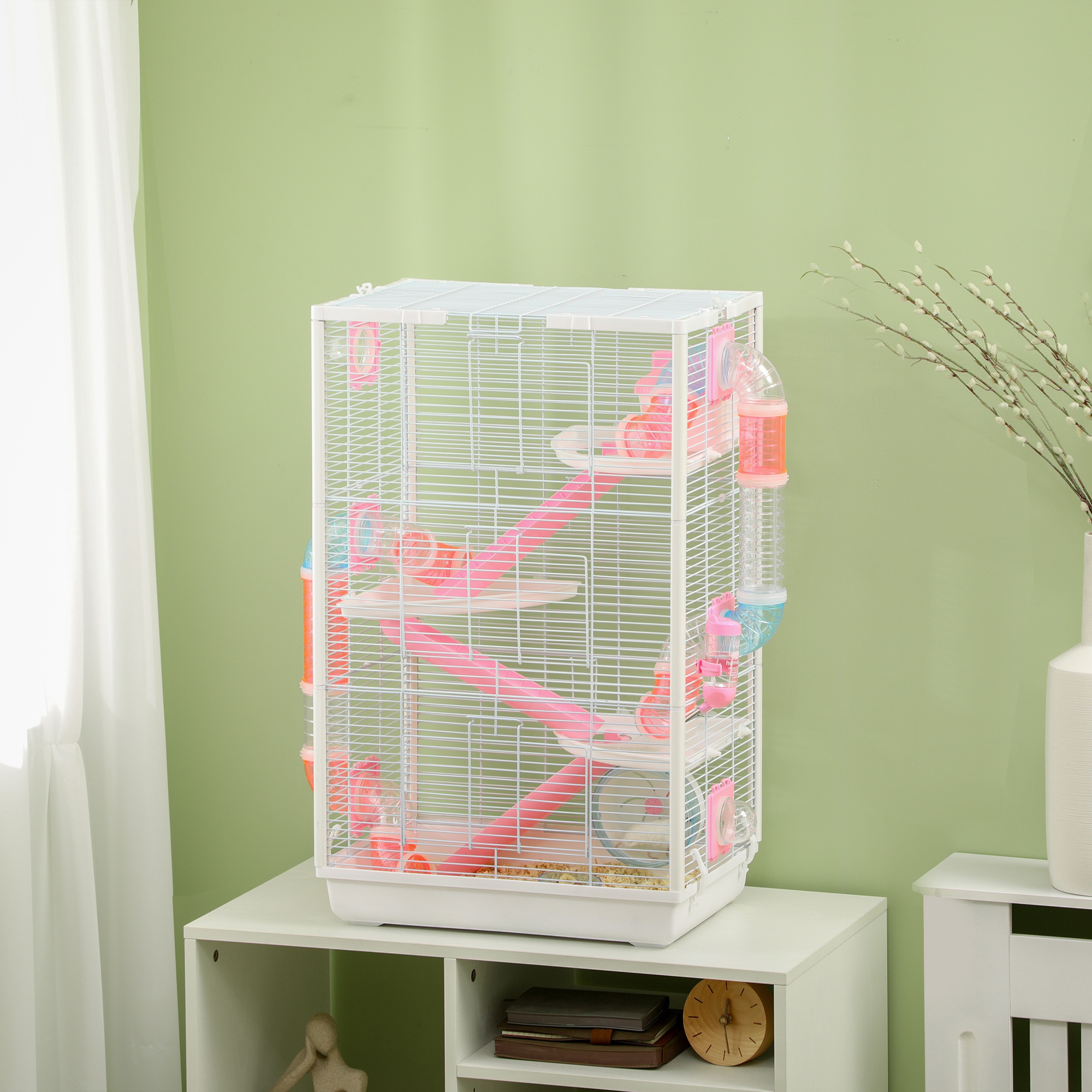 Gaiola PawHut para Hamster com Túnel, Casinha para Pequenos Animais 47x29,5x76 cm com 3 Portas, Plataformas, Bandeja, Comedouro, Bebedouro, Casinha, 3 Rampas e Roda de Exercícios, Branca