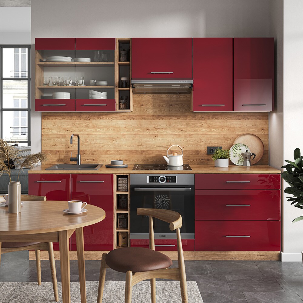 Vicco Küchenzeile Küchenblock Einbauküche Fame-Line Eiche Bordeaux Rot 235 cm modern Hochglanz Küchen Schränke Hängeglasschrank Hängeschrank Schubladenunterschrank Spülenunterschrank Herdumbauschrank