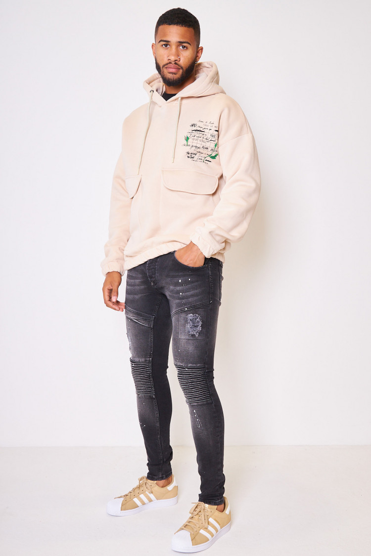 Sweat à capuche beige illustré