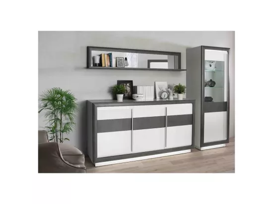 Colonne vitrine 1 porte blanc laqué et décor béton avec LED - CALVI