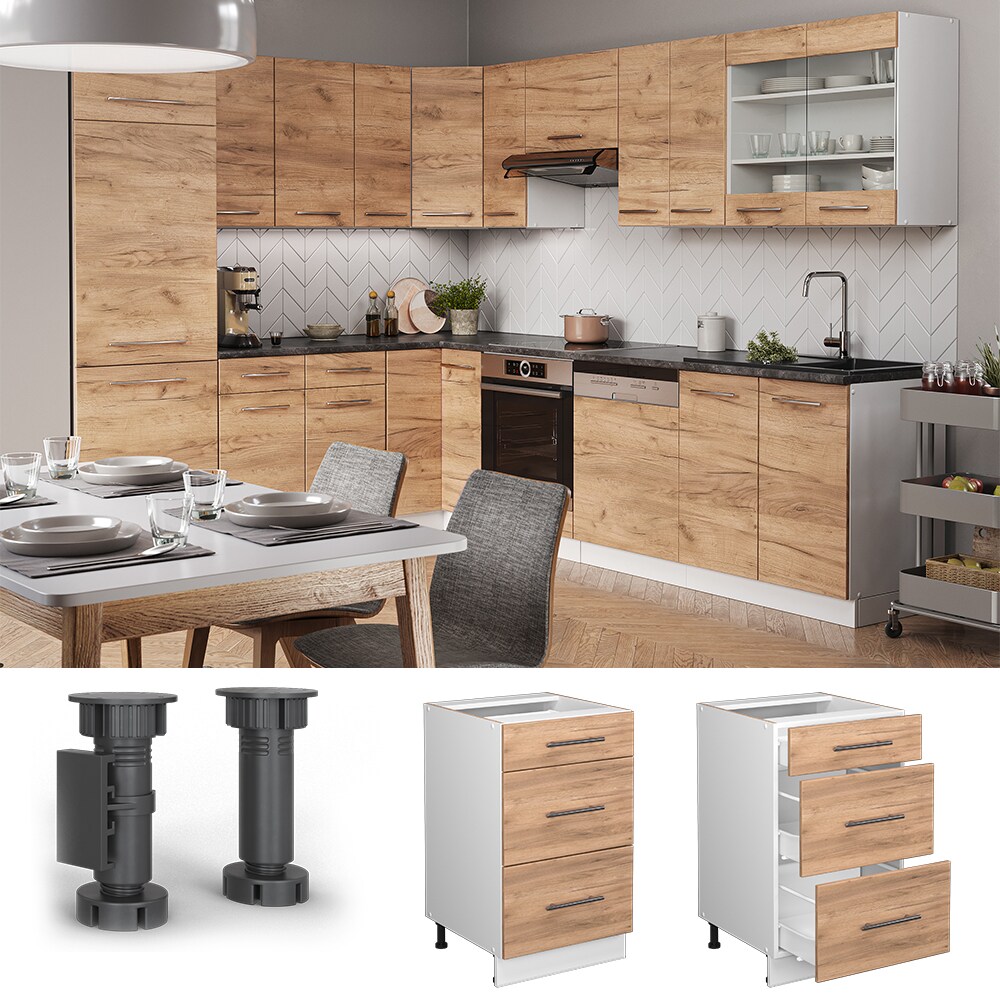 Vicco Schubunterschrank Küchenschrank Küchenmöbel Fame-Line Weiß Eiche modern 50 cm Küche Einbauküche Drehtür Blende Küchenzeile