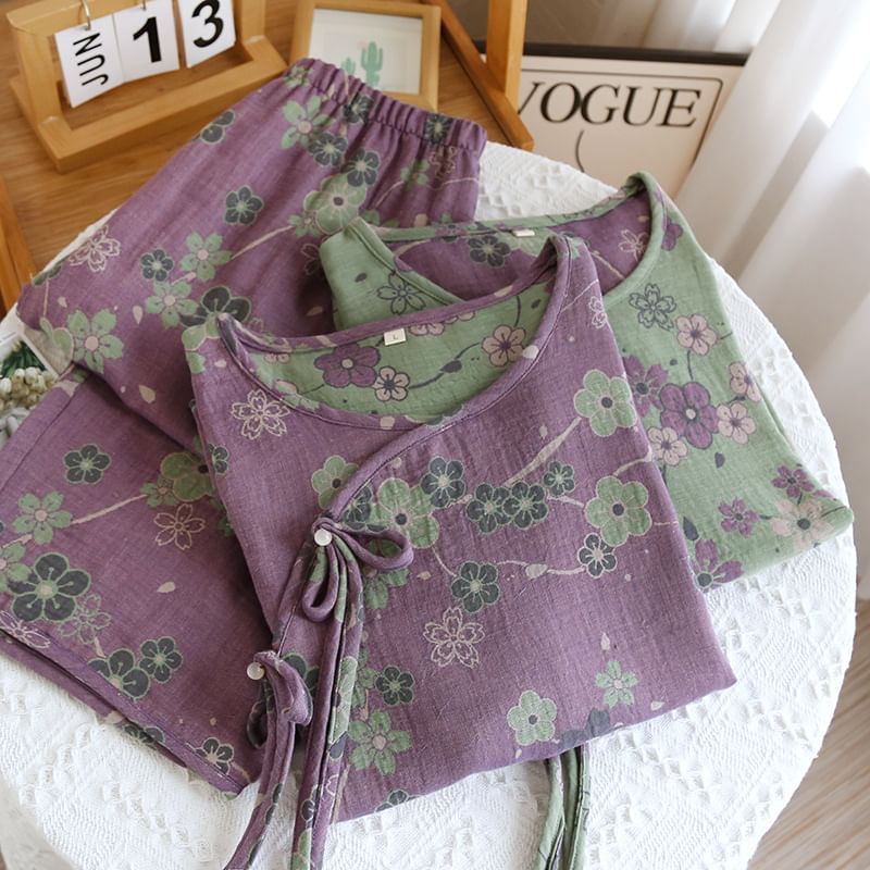 Somnus - Pyjamaset: Lange mouwen, bloemenprint, kikker, knoopjestop + broek