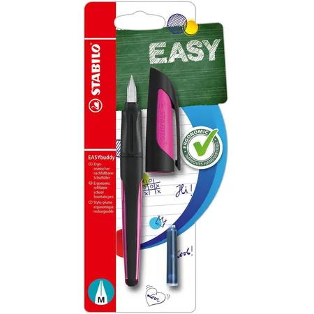 Schulfüller mit Standard-Feder M - STABILO EASYbuddy in schwarz/magenta - Schreibfarbe blau (löschbar) - Einzelstift - inklusive Patrone