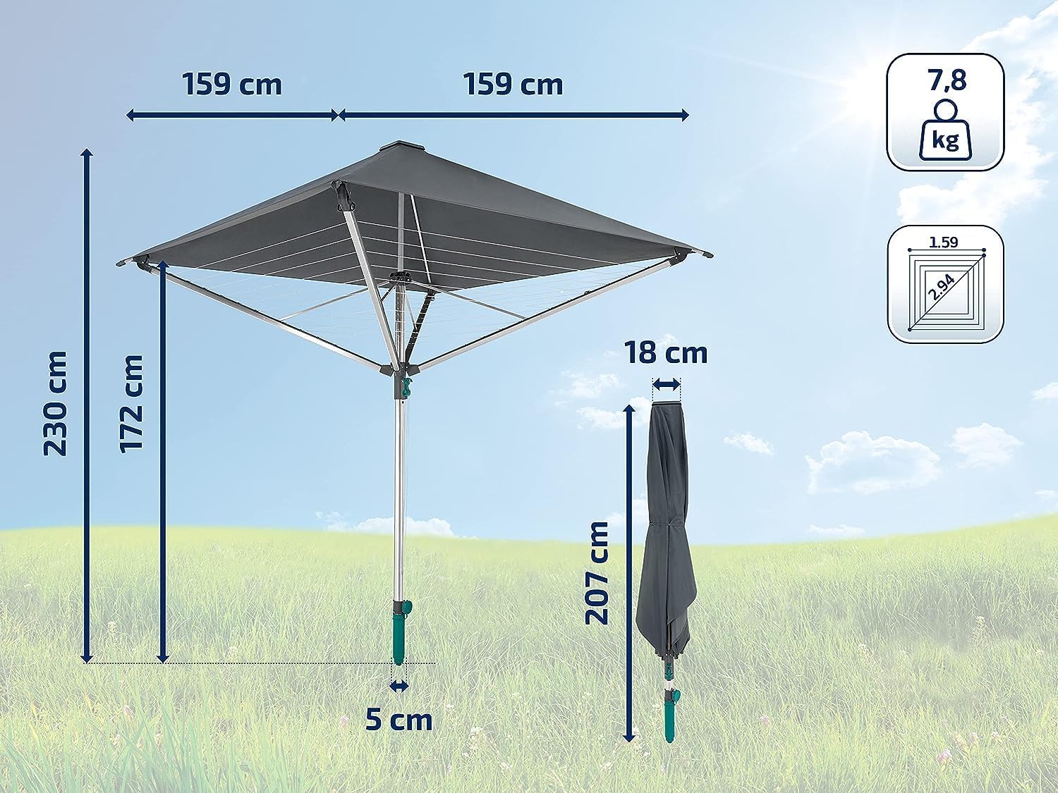 Leifheit Séchoir parapluie LinoProtect 400, étendoir parapluie pour extérieur avec toit étanche, séchoir à linge inclus 8 œillets pour cintres & douille de sol