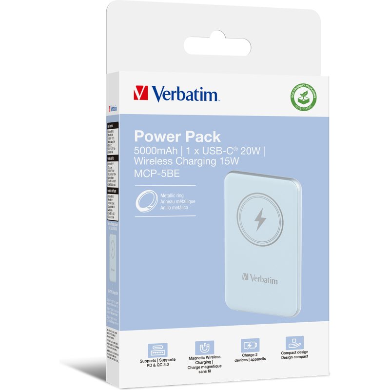 Verbatim Charge 'n' Go Lithium Polymère (LiPo) 5000 mAh Recharge sans fil Bleu