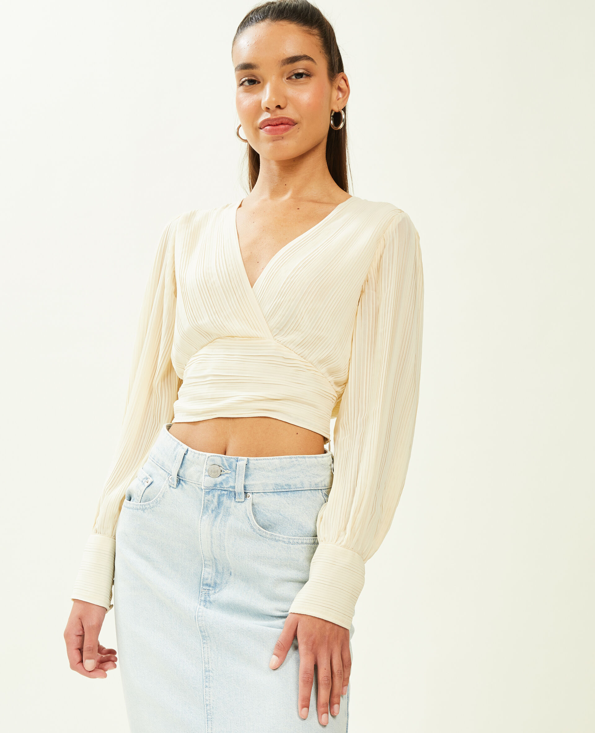 Top effet drapé à manches longues - Beige
