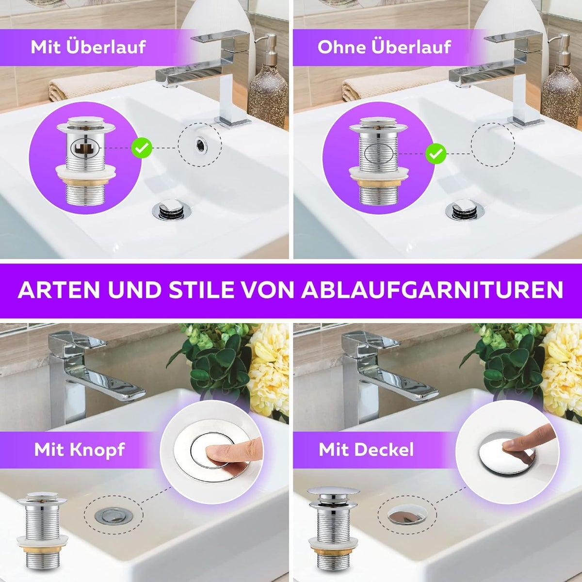 M. ROSENFELD HOME Gootsteenafvoerfitting ZONDER Overloop met Knop - Chromen Pop-Up Afvoerklep 1 1/4 inch Gemaakt van Roestvrij Staal en Messing voor Wastafel - Pop-Up Gootsteenafvoerfitting