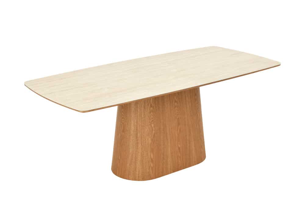 Design Esstisch UNIQUE 200cm natur braun Travertin Keramik Eichenholz Säulenfuß