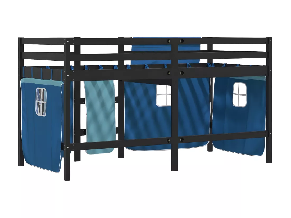 Lit mezzanine enfants et rideaux bleu 90x200cm bois pin massif