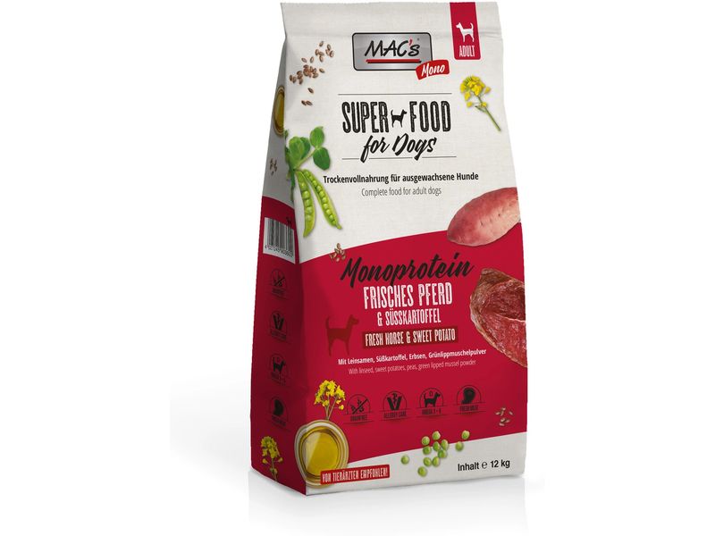 MAC's Trockenfutter Mono Pferd und Süsskartoffel 12 kg Alleinfuttermittel für ausgewachsene Hunde