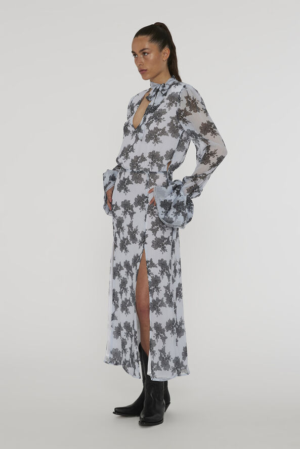 ROTATE Birger Christensen Chiffon Bow Midi Dress Delicate lace   rock ridge comb.