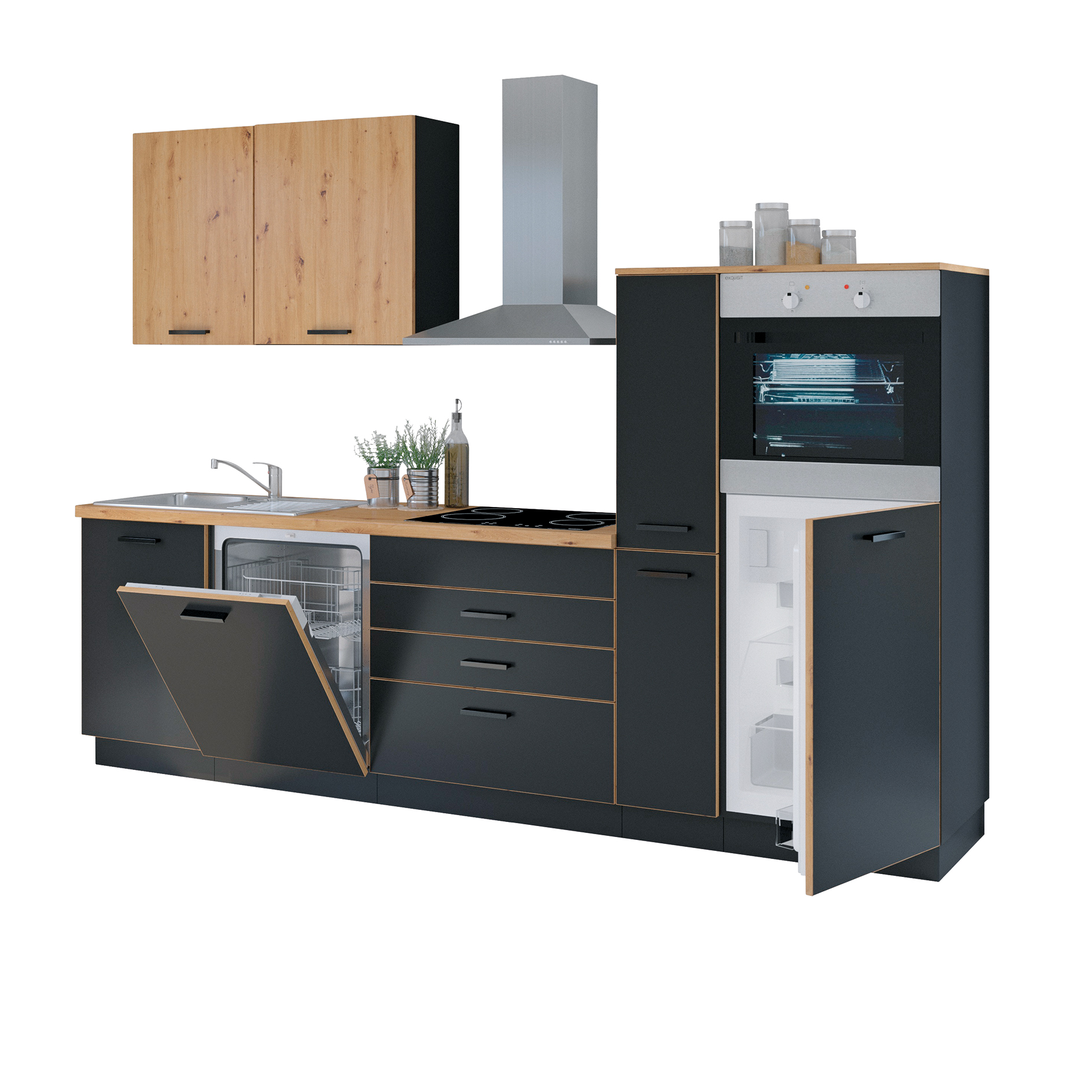 Küchenblock - schwarz matt - Eiche Artisan - mit E-Geräten - 280 cm