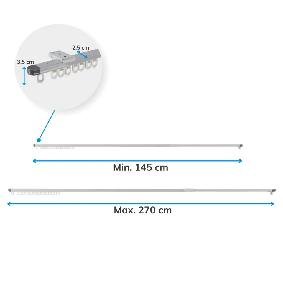 Gordijnrail - uitschuifbaar - van 145 tot 270 cm - aluminium - gebroken wit