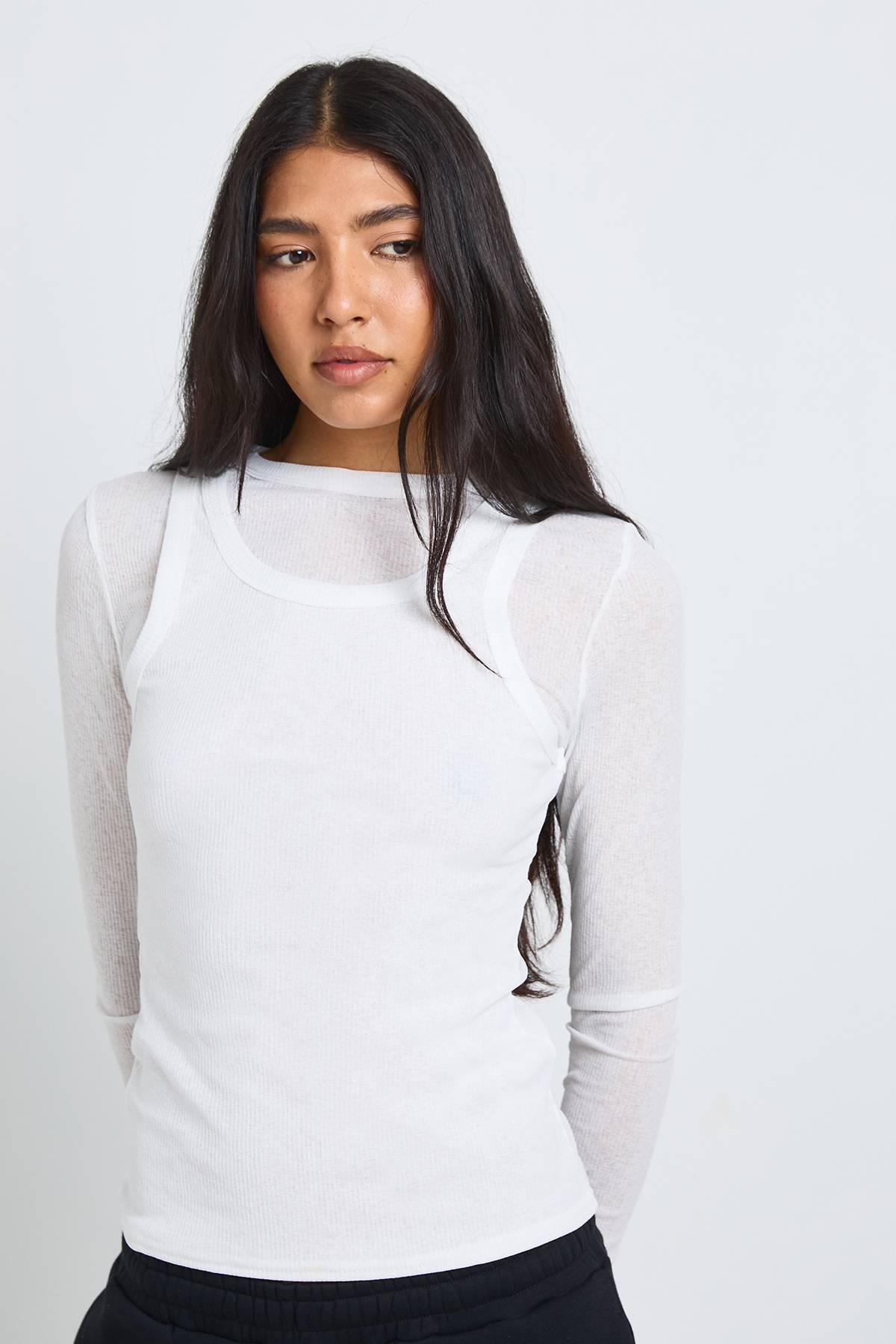 boohoo Haut À Manches Longues Double Couche Côtelé Transparent Style Débardeur Tall