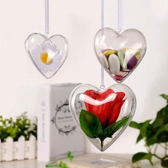 (2er Set) 10cm Acryl Christbaum Schmuck Weihnachts Herz Kugeln DIY Bastel Deko zum Befüllen - Transparent