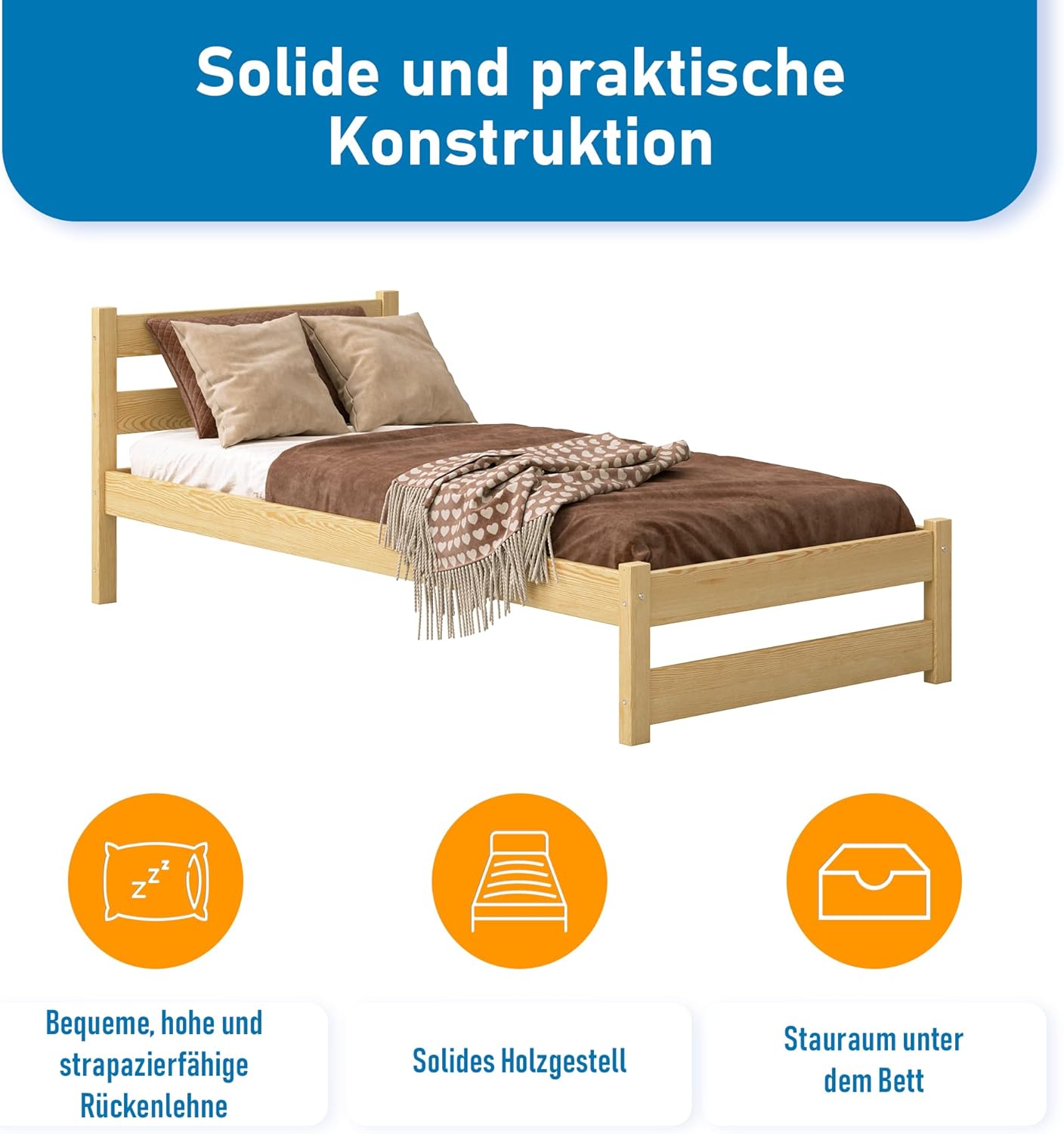 Kinderbett 80x160 cm mit Lattenrost - Einzelbett aus Kiefer Massivholz - Kinder Bett Montessori – Jugendbett Unlackiert – Tagesbett ohne Matratze