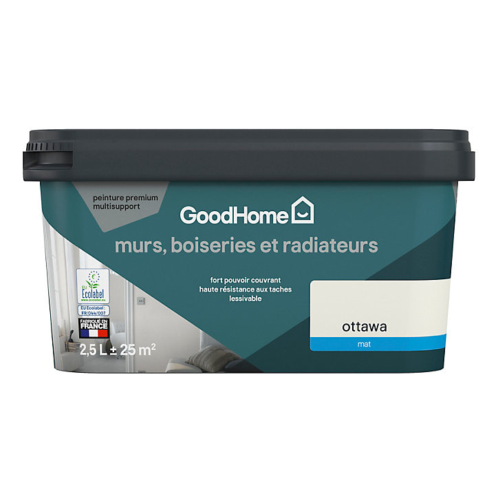 Peinture intérieure couleur murs, boiseries et radiateurs GoodHome mat ottawa blanc 2.5L